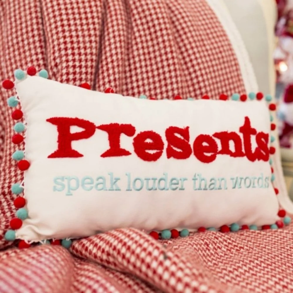 Holiday Pillow Embroidered with Presents phrase and Pom Pom Trim NWT